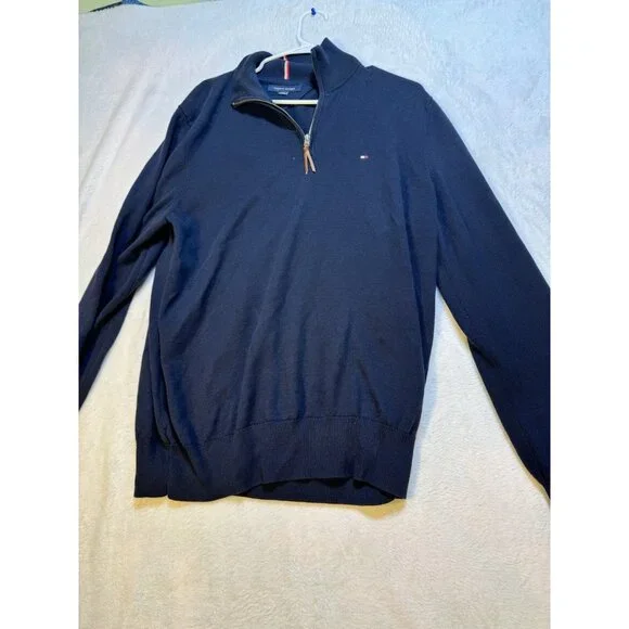 Tommy Hilfiger Sweater Mens Size Large Blue Casual 1/4 Zip Pullover Sweatshirt *